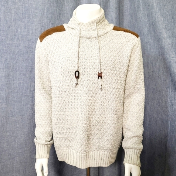 X-RAY Shawl Collar Pullover Sweater Faux Suede Shoulder Patches Oatmeal Men's M - Picture 1 of 10